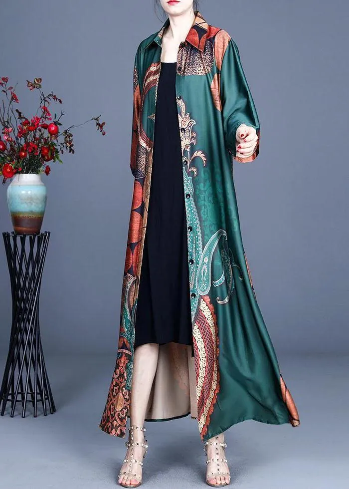 Style Green Print Summer Silk Half Sleeve Cardigans Long