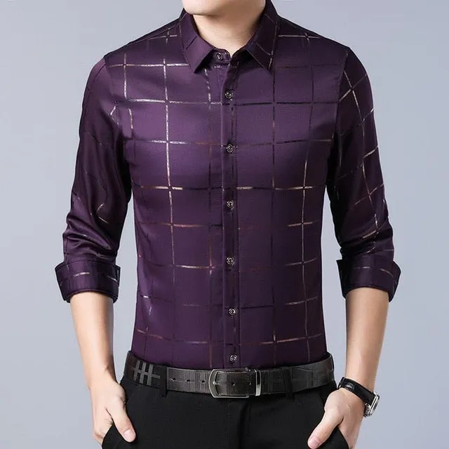 West Louis™ Brand Luxury Plaid Long Sleeve Slim Fit Dress Shirt