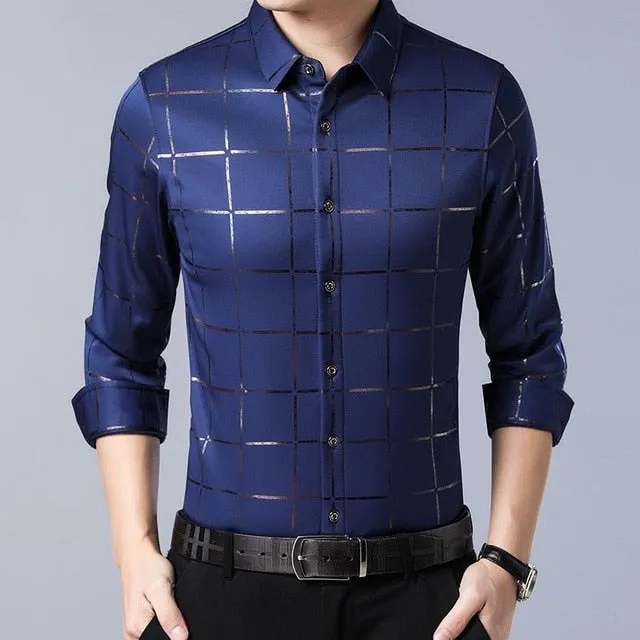 West Louis™ Brand Luxury Plaid Long Sleeve Slim Fit Dress Shirt